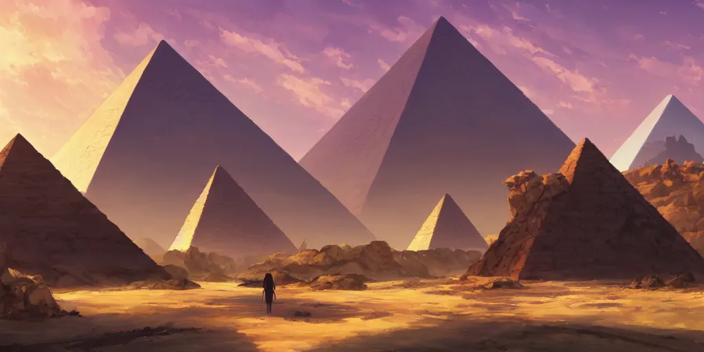 Prompt: a stunning desert landscape with a pyramid in the distance by makoto shinkai