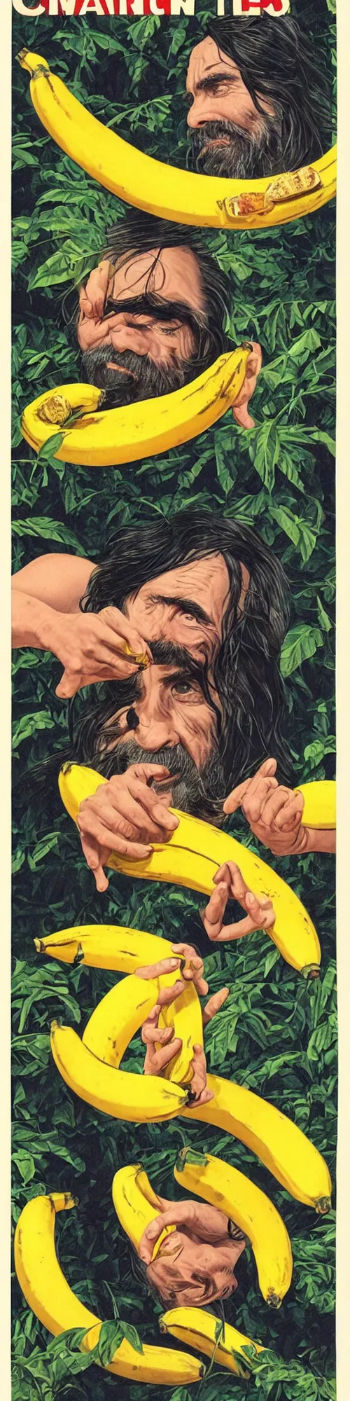 Image similar to vintage magazine advertisement depicting charles manson slipping on a banana peel, by alex grey