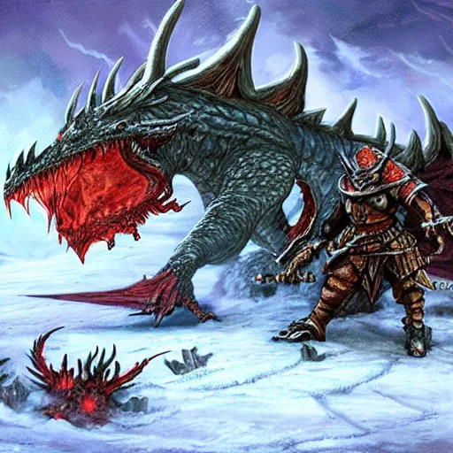 Image similar to fantasy warrior being eaten by a dragon in the snow