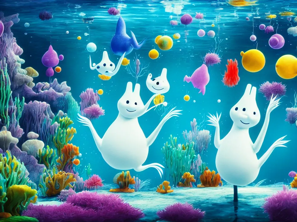 Image similar to underwater moomins discovering the water planet looking at many colorful fishes in the background, photorealistic painting, cgi, low volumetric light, movie still, very cute and cozy and fluffy and sweet