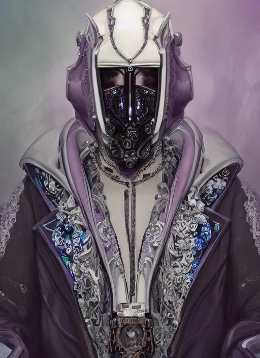 Prompt: a handsome male ornate cyborg with a white techwear mask, purple garment with art nouveau ivory accessories, dressed in black intricate lace and jewels, ethereal, misty, cyberpunk, darksynth, luxury, concept art by zeen chin, extremely detailed, artstation, andree wallin, edvige faini, alphonse mucha, 8 k, unreal engine 5