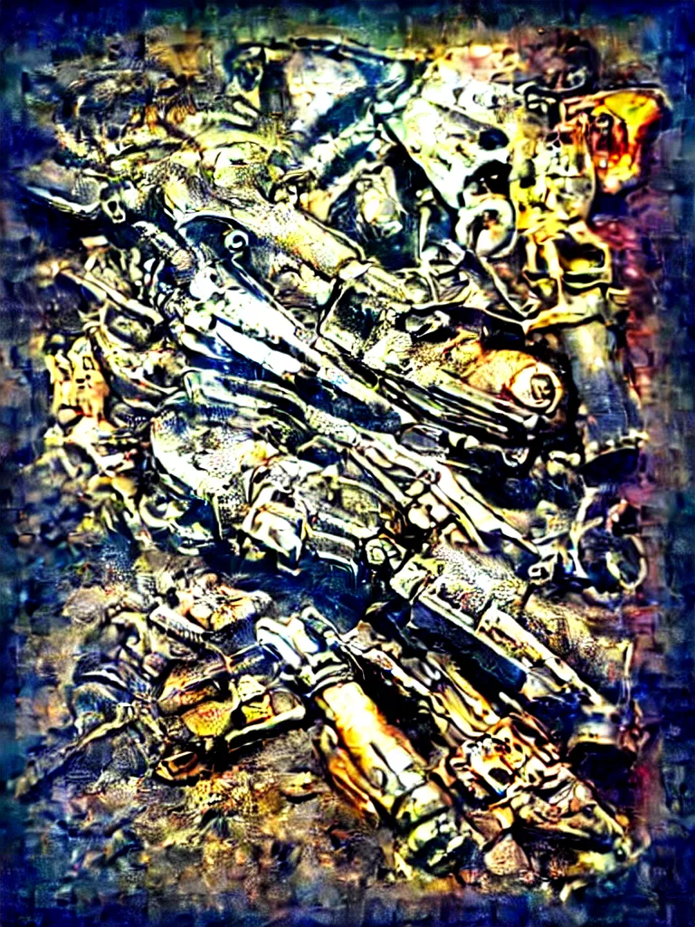 Prompt: carving of machine guns shotguns rifles revolvers bullets, dark vintage paperback cover, ultra-realistic, intricate fluid details, 4k