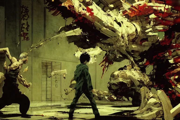 Prompt: scene from the anime, tetsuo cracks and warps the walls of a green hospital hallway, Katsuhiro Otomo, Phil hale, Ashley wood, Ilya repin, frank frazetta, 8k, hd, high resolution print