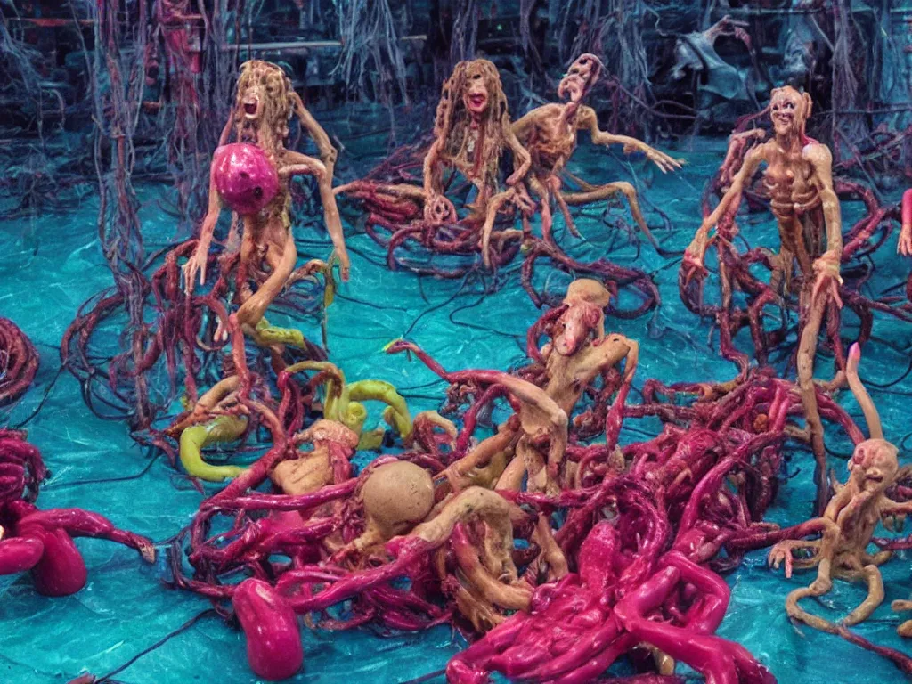 Prompt: still frame from the raft of the medusa as an animatronic schlock body horror comedy film, fun, animatronic figures, Sally Corporation, Garner Holt, play-doh, lurid, vivid colors, neon lights, rubber latex, fleshy, Cronenberg, Rick Baker, dramatic film still, daylight, photo real, wet, slimy, wide angle, rule of thirds, 28mm, 1984, Eastman EXR 50D 5245/7245