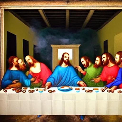 Prompt: The Last Supper, made of colored smoke. colored smoke looks like The Last Supper.