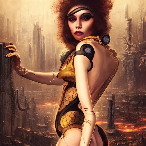 Image similar to Ultrarealist illustration of a very beautiful dollpunk wearing Abstract tech bodysuit, in front of a ruined city, focus, realistic eyes, symmetric body features proportions, golden ratio, ultra intricate details, award winning, unreal render, by Tom Bagshaw