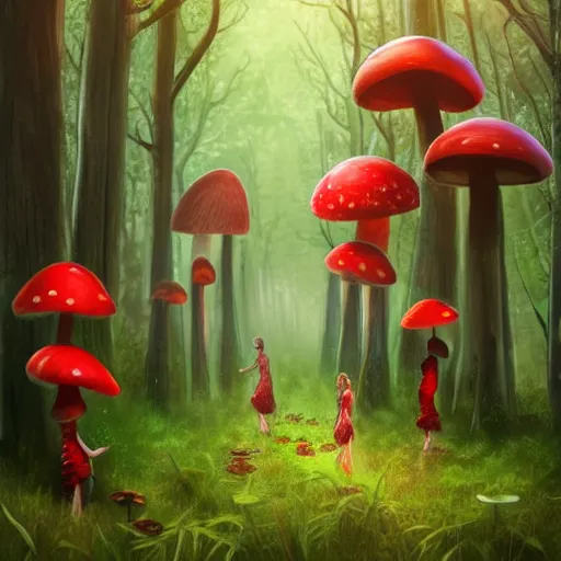 Image similar to Mushroom forest, biopunk, lush, vegetation, tall trees, godrays, falling leaves, woman, red dress, red mushrooms, digital art, 8k, trending on artstation