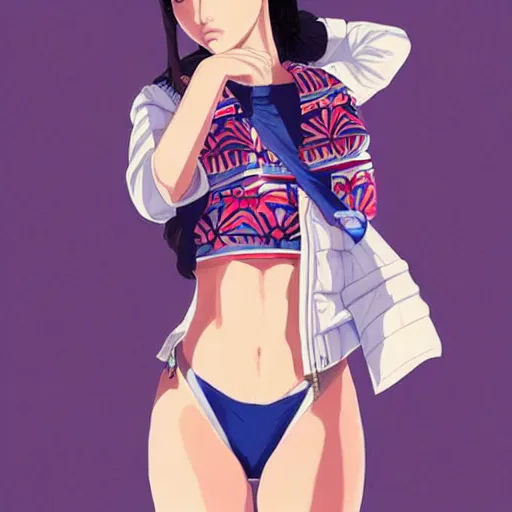 Image similar to a beautiful young japanese natalie portman alluring gravure model, stylized concept art, wearing elegant designer bomber jacket and one piece bikini, bomber jacket with mesoamerican patterns, mesoamerican native street fashion, princess mononoke, painted by ilya kuvshinov aesthetic, gorgeous, stunning, alluring, attractive, artstation, pinterest, digital art