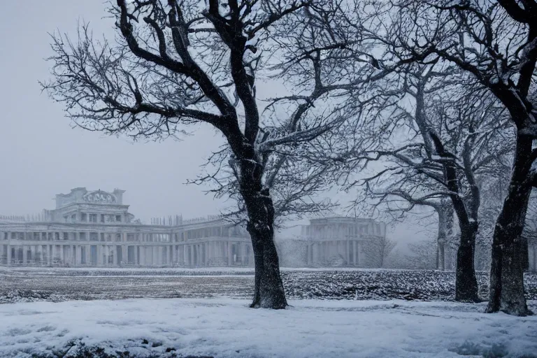 Image similar to a landscape with palace, a very windy and cold place, everything is made out of ice, snowing, cinematic lighting