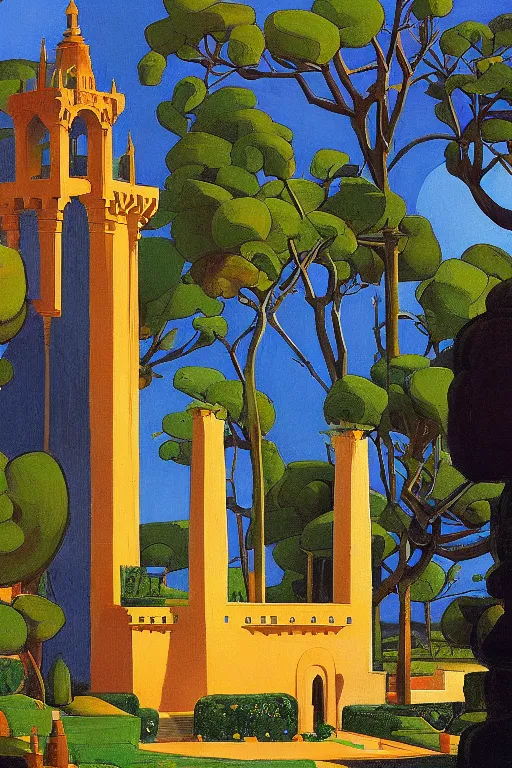 Prompt: view of the ancient blue tower in its gardens after a storm, tall windows, beautiful moorish ornament, dramatic cinematic lighting, rich colors, golden age illustration, by Sylvain Sarrailh and Nicholas Roerich and Ludwig Deutsch and April Gornik