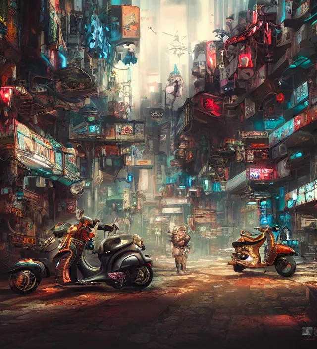 Image similar to Wonderland cyberpunk, Vespa, artstation, realistic, environments, 4k