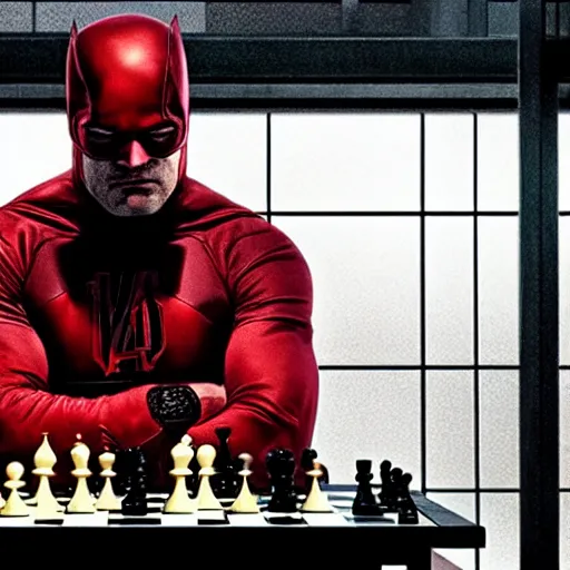 Prompt: daredevil pondering in front of a chess table, marvel movie