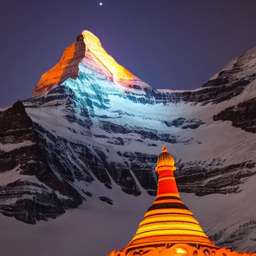 Prompt: indian flag projected illuminated on the matterhorn mountain at night