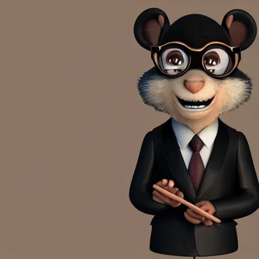 Prompt: anthro brown! marmot! in a black business tuxedo while holding a pencil wearing glasses, disney pixar character concept artwork, 3 d concept, detailed fur, high detail iconic character for upcoming film, trending on artstation, character design