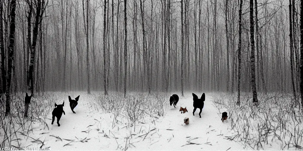 Prompt: movie still by tarkovsky crowd of hunter and crowd of dogs running in a swamp snowy with birch forest backround, cinestill 8 0 0 t 3 5 mm b & w, heavy grain, high quality, noir, natural textures, photorealistic, ambient occlusion, hd, dof, mud, fog