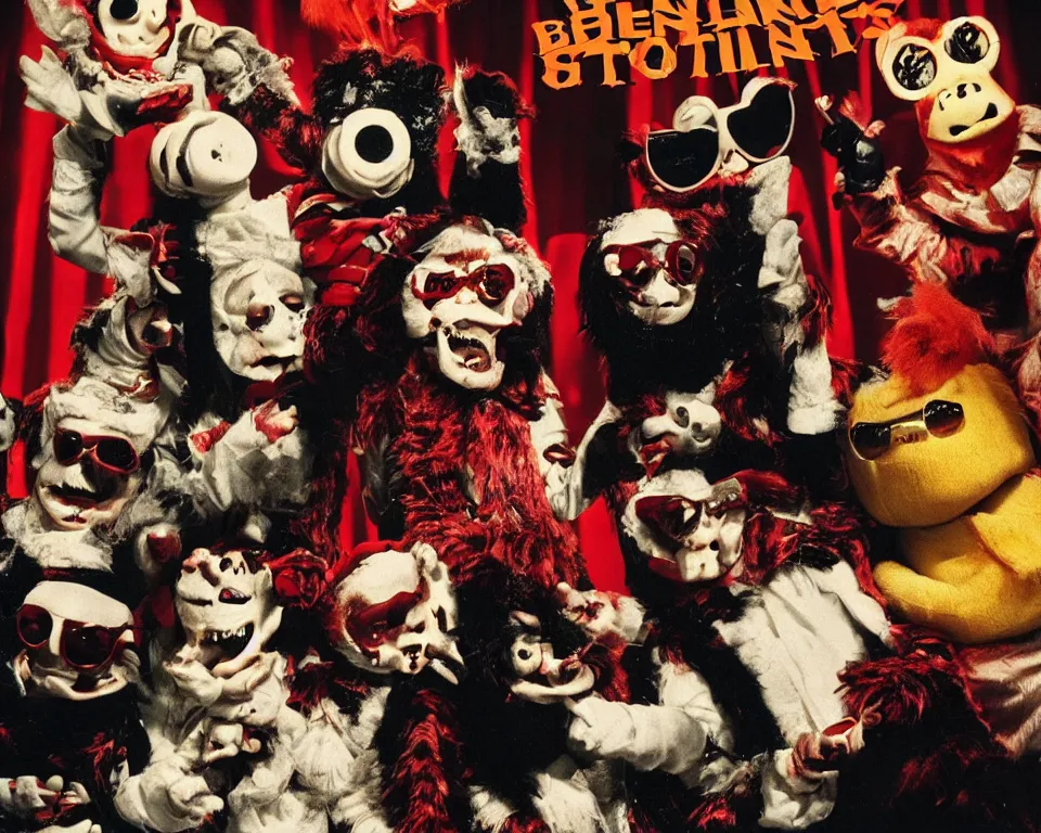 Prompt: a horror movie poster featuring The Banana Splits