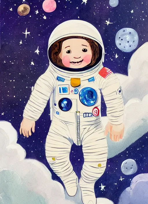 Image similar to a cute little girl with a round cherubic face, blue eyes, and short wavy light brown hair smiles as she floats in space with stars all around her. she is an astronaut, wearing a space suit. beautiful painting with highly detailed face by quentin blake and greg rutkowski