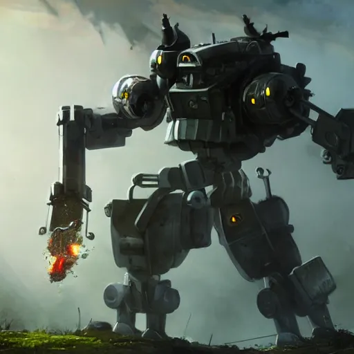 Image similar to a mech with guns on each arm preparing for combat, battlefield, dead trees, fire, smoke, dark clouds, slightly sunny, ominous, intense, epic, extremely detailed, cinematic lighting, studio ghibli, anime,