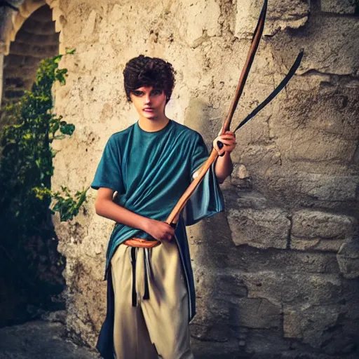 Image similar to a handsome Mediterranean 17 year old man in Biblical clothes holding a slingshot, DSLR photography