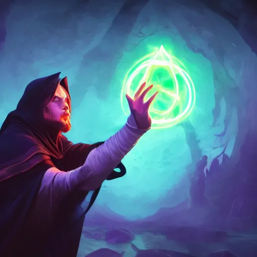 Image similar to a warlock is casting a magic spell while with magic orb floating in his hand , dynamic pose, chromatic aberration , medium level shot, Mucha style , Grim fantasy, illustration ,concept art,