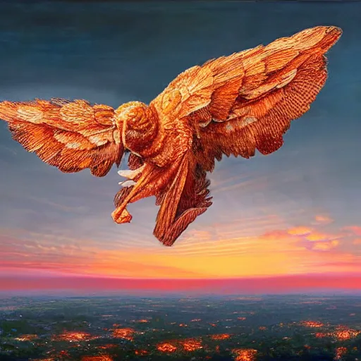 Image similar to a pancake with attached wings, flapping its wings flying in sunset sky, oil on canvas, portrait, intricate, 8k highly professionally detailed, HDR, CGsociety