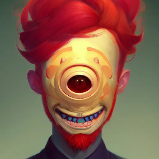 Prompt: a portrait of the happy mask salesman, grinning, red hair, art by lois van baarle and loish and ross tran and rossdraws and sam yang and samdoesarts and wlop, digital art, highly detailed, intricate, sharp focus, trending on artstation hq, deviantart, unreal engine 5, 4 k uhd image