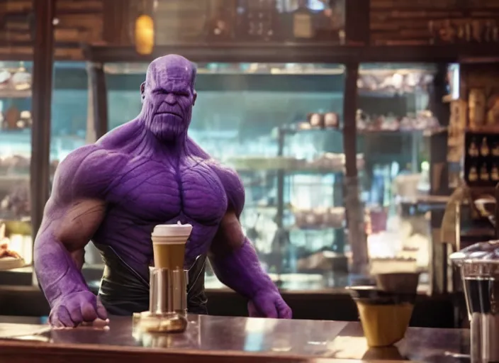 Image similar to film still of Thanos as a barista in Avengers Infinity War, 4k