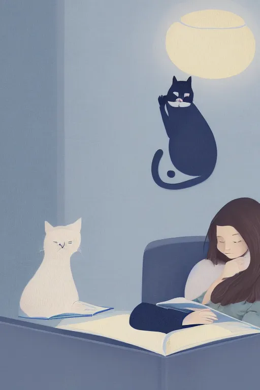 Prompt: a digital painting of a girl reading a book with a cat in A comfortable study room at night,blue and grey theme,JK uniform ,Hairdryer,blue theme,S line, by anmi and reoenl and krenz and wlop