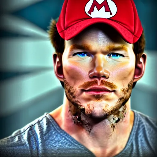 Image similar to a film still portrait of chris pratt dressed up as mario in real life as a real person, grotesque, disturbing, disgusting, realistic hyperrealistic 4 k resolution 8 k resolution highly detailed very detailed extremely detailed hd quality detailed face very detailed face extremely detailed face trending on artstation, modern portrait, modern photograph, film still