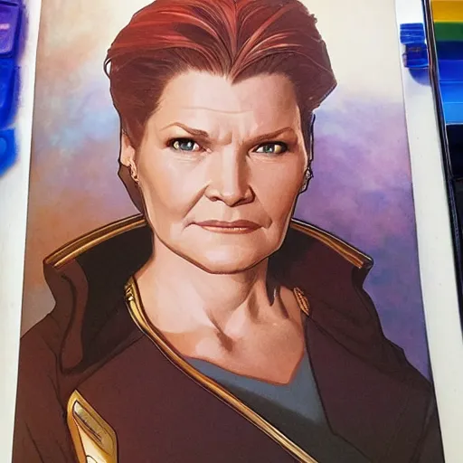 Prompt: captain janeway from star trek voyager, a still from star trek voyager painted by artgerm and greg rutkowski and alphonse mucha. clear highly detailed face, beautiful sci fi art