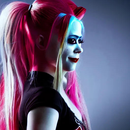 Image similar to an potrait of Avril Lavigne play Harley Quinn, 4k