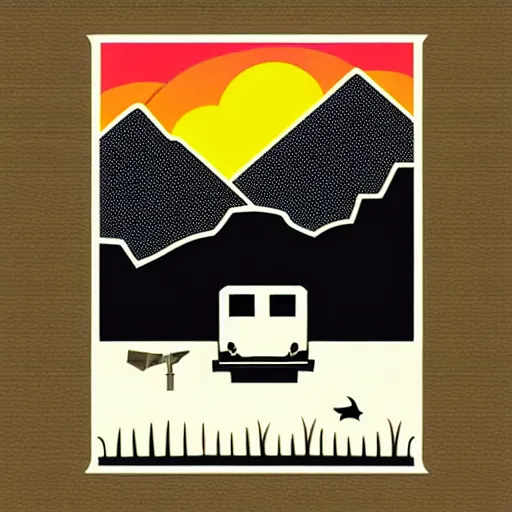 Prompt: white and black cute thor chateau! motorhome camper!!, mountains, colorful sunset!!, stencil, sticker!! by tom whalen