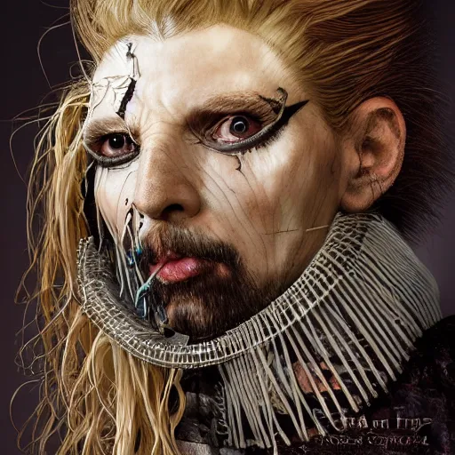 Image similar to portrait of a Shibari barbed wire wrapped face and neck, headshot, insanely nice professional hair style, dramatic hair color, digital painting, of a old 17th century, old cyborg merchant, amber jewels, baroque, ornate clothing, scifi, realistic, hyperdetailed, chiaroscuro, concept art, art by Franz Hals and Jon Foster and Ayami Kojima and Amano and Karol Bak,