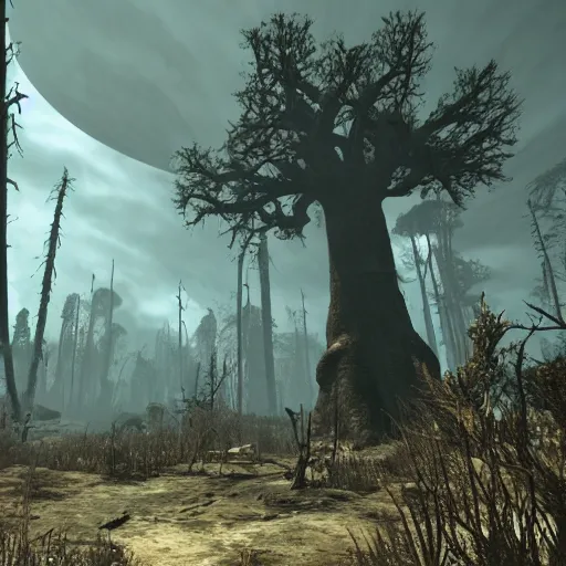 Image similar to mammoth tree forest in ruins post - nuclear war in fallout 4, in game screenshot