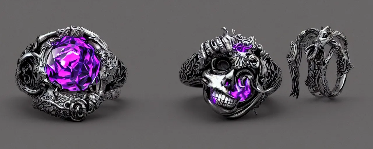 Prompt: simple magic ring of poison, ring, skull, tentacles, green, black, purple. smooth shank, crystals, engravings, product design, jewelry, colorful, art by gerald brom, greg rutkowski and artgerm, photo realism, unreal engine, c 4 d