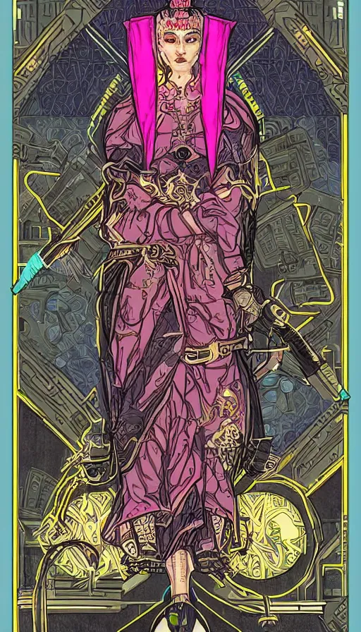 Prompt: a tarot card of the empress, cyberpunk themed art, concept art