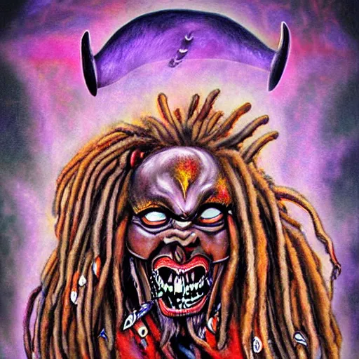 Image similar to a demon with dreadlocks telling a joke, airbrush art, shamanic horror lsd art, by basuki abdullah