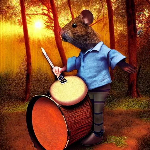 Prompt: musician mouse with drum, fantasy forrest, golden hour, digital art, medium shoot