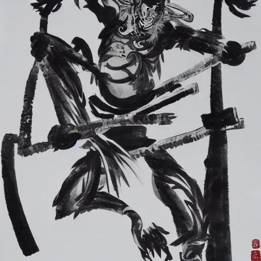 Prompt: a Chinese ink painting, taoism wukong, by wu daozi, HD,