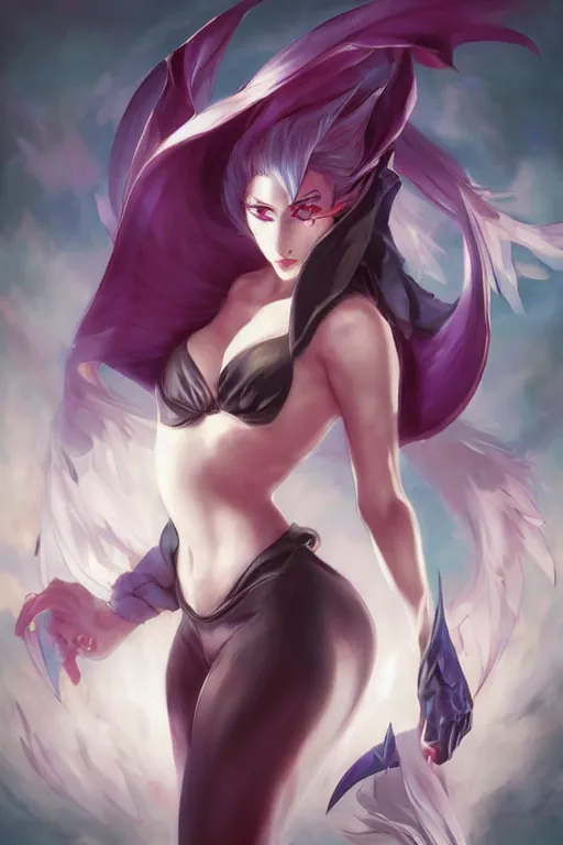 Image similar to A beautiful anime portrait of Morrigan from darkstalkers , by Stanley Artgerm Lau, WLOP, Rossdraws, James Jean, Andrei Riabovitchev, Marc Simonetti, and Sakimichan, tranding on artstation