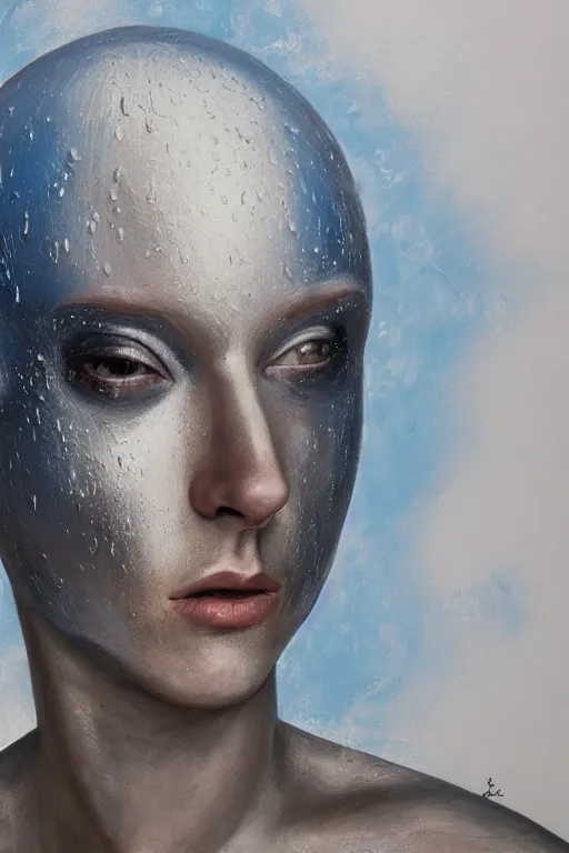 Image similar to hyperrealism oil painting, close - up portrait of albino medieval fashion model, knight, steel gradient mixed with nebula sky, in style of baroque