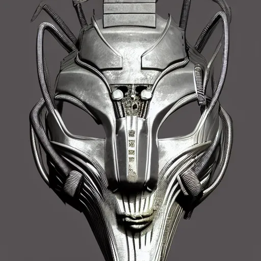 Image similar to a close up of a mask on a table, cyberpunk art by Giger, zbrush central contest winner, afrofuturism, made of paperclips, darksynth, made of liquid metal