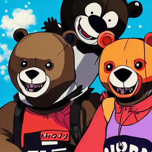 Image similar to happybears!, happy bears! kill union, humanoid bears, bear costumes, happy faces, evil happy faces, rollerblading, rollerskates, four humanoid bears, 2 0 0 1 anime, flcl, golden hour, japanese town, cel - shaded, strong shadows, vivid hues, y 2 k aesthetic