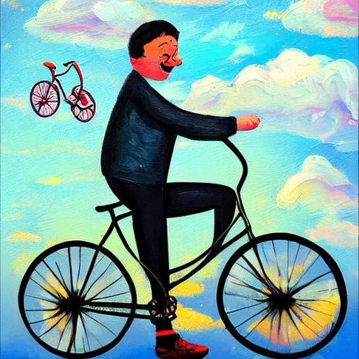 Image similar to A whimsical painting of a happy man flying in the sky on his bicycle in the clouds, expressive oil painting, digital art