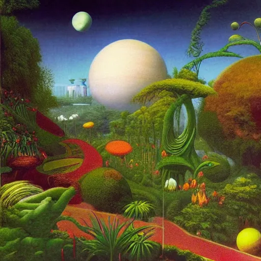 Image similar to a garden in orbit around saturn, 8 k, lowbrow, in the style of martin johnson heade, roger dean and h. r. giger,