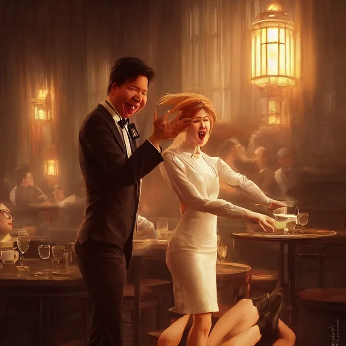 Image similar to michael mcintyre flirting with a singing waitress, elegant, real life skin, intricate artwork, high detailed, artstation, concept art, smooth, sharp focus, art by artgerm and greg rutkowski