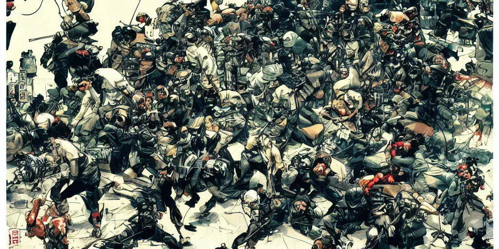 Image similar to a tight shot of a dozen monkeys attacking people in Japan by Yoji Shinkawa and Ashley Wood, rule of thirds