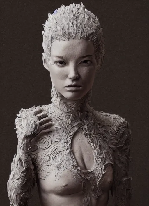 Image similar to sculpture made of wood, portrait, female, future, shaman, harper's bazaar, vogue, magazine, intricate, concept art, close up, ornate, luxury, elite, elegant, trending on artstation, by ruan jia, by Kenneth Willardt, by ross tran, by WLOP, by Andrei Riabovitchev,