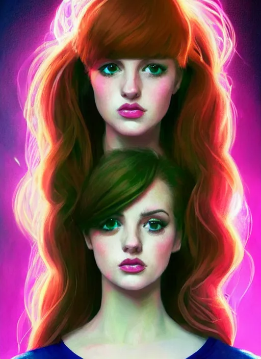 Image similar to full body portrait of teenage cheryl blossom, bangs, green eyes, sultry expression, red hair, sultry smirk, bangs and wavy hair, pink skirt, bangs, intricate, elegant, glowing lights, highly detailed, digital painting, artstation, concept art, smooth, sharp focus, illustration, art by wlop, mars ravelo and greg rutkowski