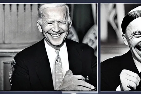 Image similar to “ very very intricate photorealistic photo of hitler and joe biden laughing together, detailed natural lighting, award - winning crisp details ”